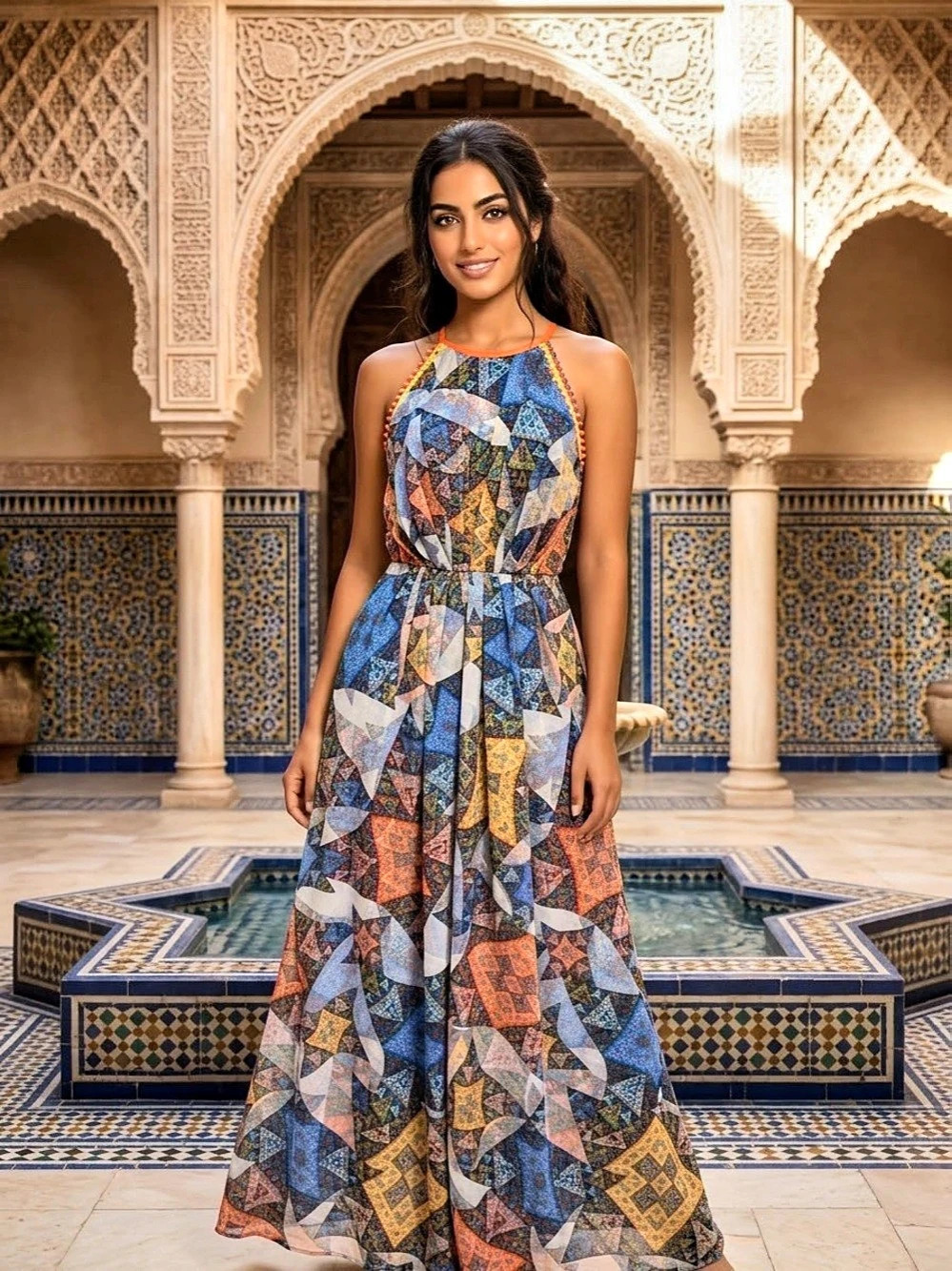 Anthropologie Ranna Gill Geometric Maxi Dress in Blue & Orange Size XS
